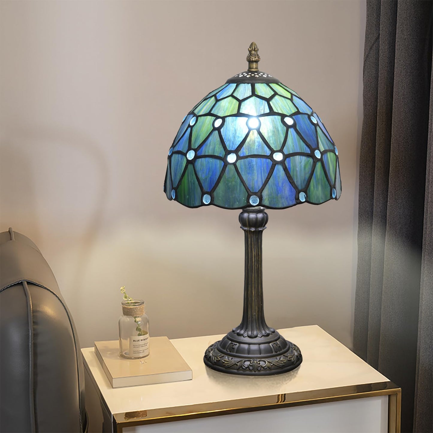 KIPHEPI Tiffany Lamp Stained Glass Table Lamp 8X8X14 Inches Sea Blue Style Living Room Bedroom Dorm Kitchen Home Decor Festival Birthday Gift