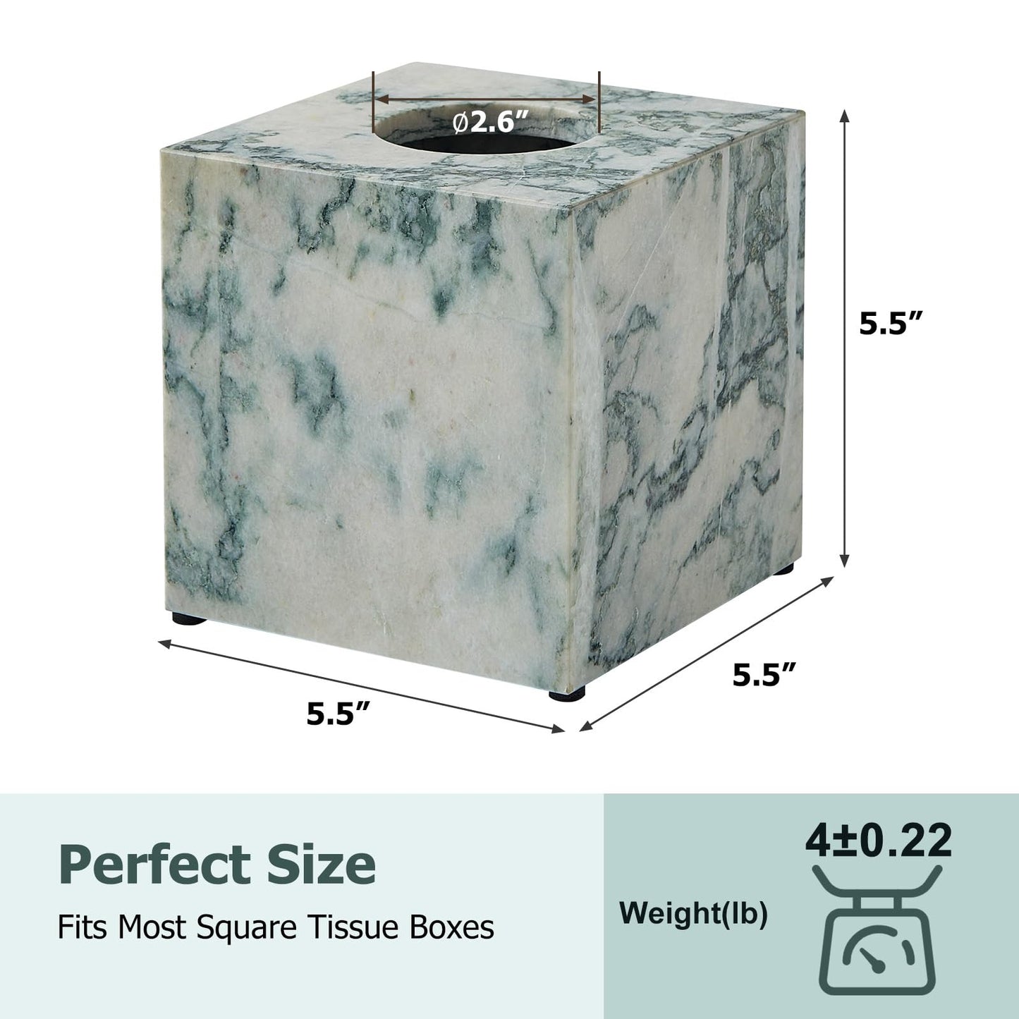 Real Natural Marble Tissue Box Cover, 5.5 Inch Square Marble Tissue Box Holder with Open Bottom, Heavy Stone Decorative Organizer for Bathroom Vanity, Kitchen Countertop, Luxury Home Décor