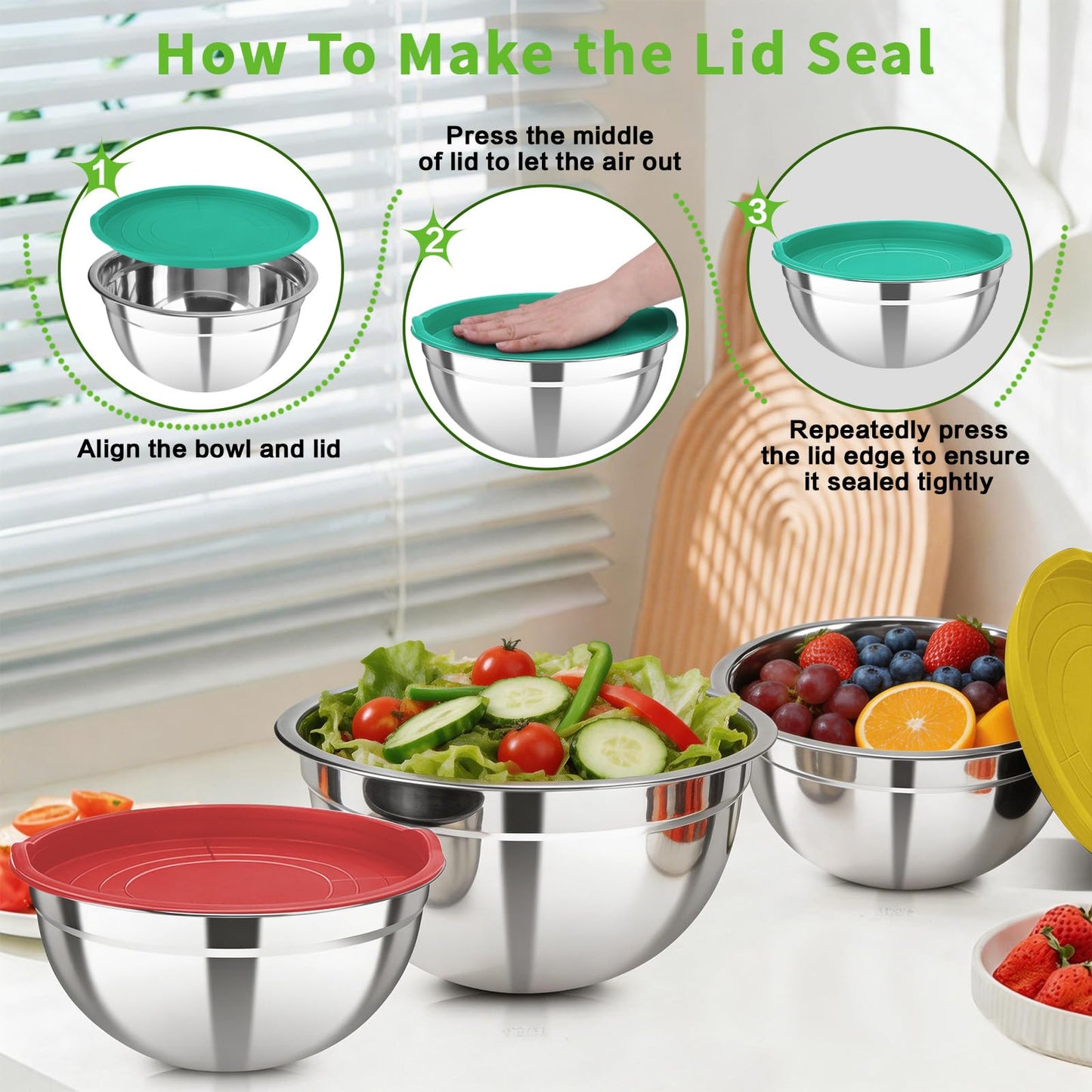 7 Pcs Stainless Steel Mixing Bowls with Colorful Lids Set Metal Salad Bowls