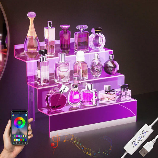 12” Acrylic Display Organizer with LED Light - 3 Tier Perfume Stand and Display Step Shelves Holder, Cologne Organizer for Men, Figures Stand, Porta Perfumes Para Tocador, Clear Riser, Dessert Shelf