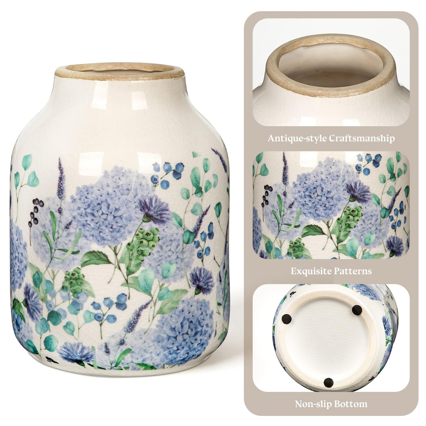 Nature Crafted Blue and Beige Vintage Ceramic Vase, 8 inch Blueberry Hydrangea Chinoiserie Floral Vase, Rustic Ceramic Large Vase for Home Table Bookshelf Kitchen Living Room Office Balcony