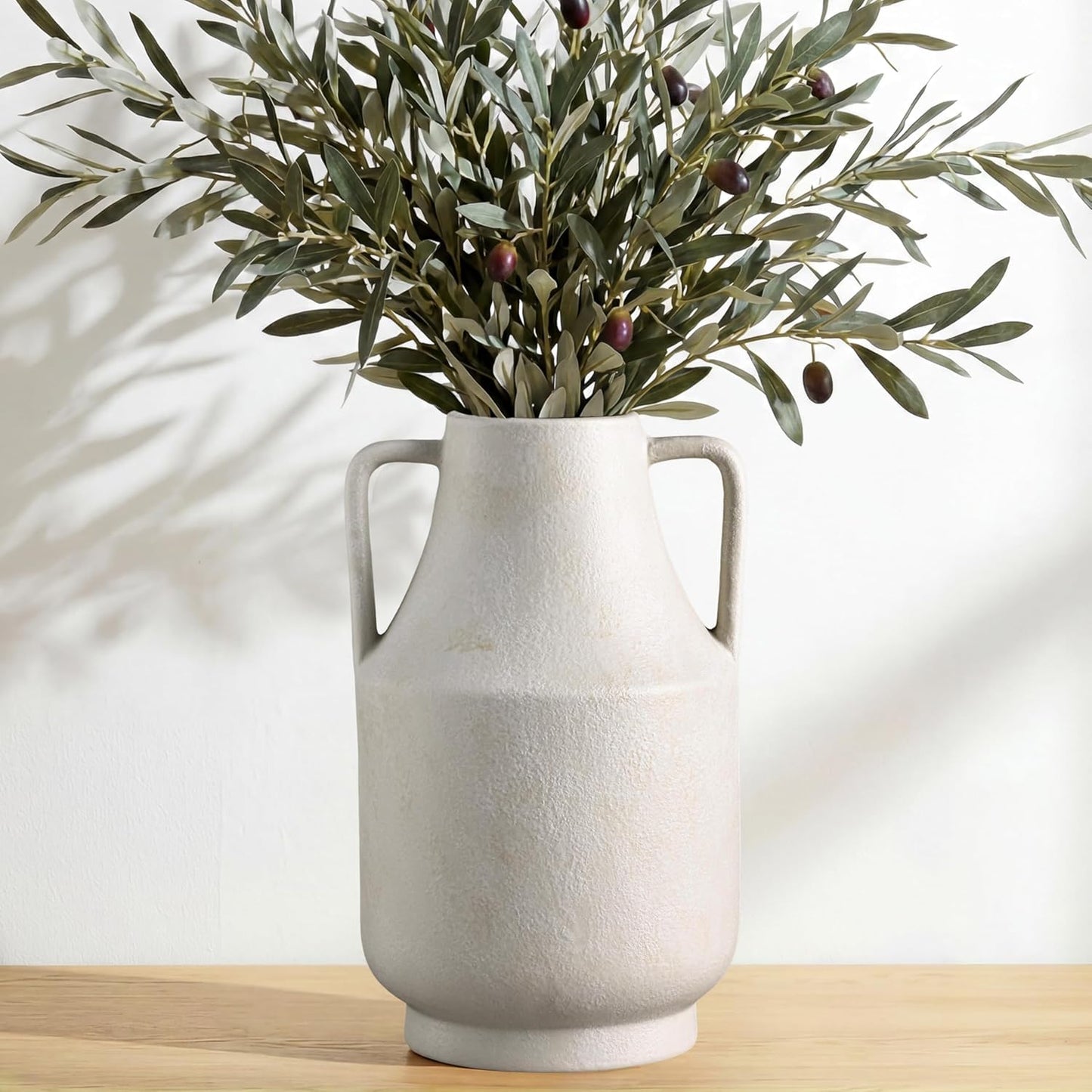 Ceramic Flower Vase with Handles, 11in Large Farmhouse Table Terracotta Vases, Waterproof Flower Pottery Vases for Home Decor, Living Room,Table, Handcrafted (Off-White)