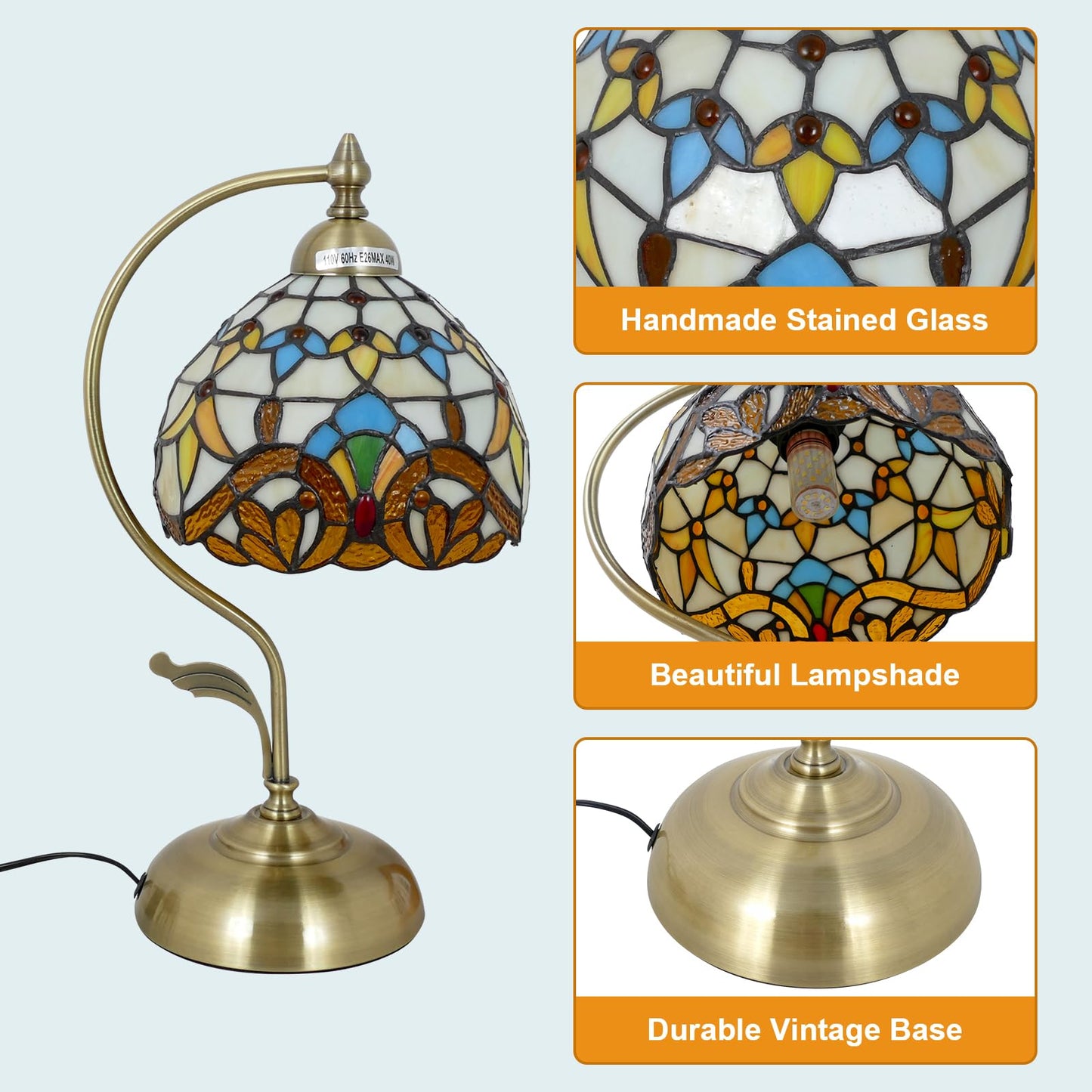 VirtueKing Tiffany Lamp Stained Glass Table Lamp Beige Baroque Style Desk Light with Metal Leaf Iron Base 8" Wide 17" Tall for Small Space Bedroom Home Office Decor