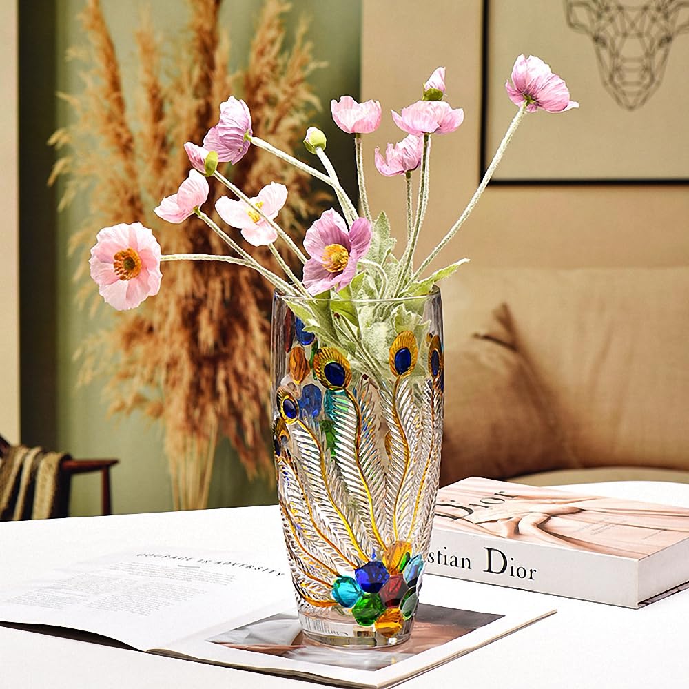Unique Hand Painted Colorful Peacock Shaped Crystal Glass Vase-11 inch Tall. (Hand Painted Colorful)