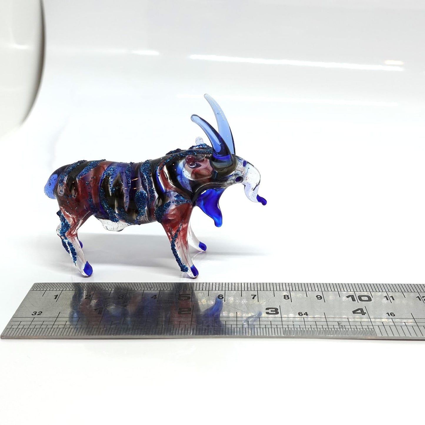Sansukjai Goat Miniature Blown Glass Art Figurines Animals Hand Painted Collectible Gift Home Decorate (3 inches Blue Red)