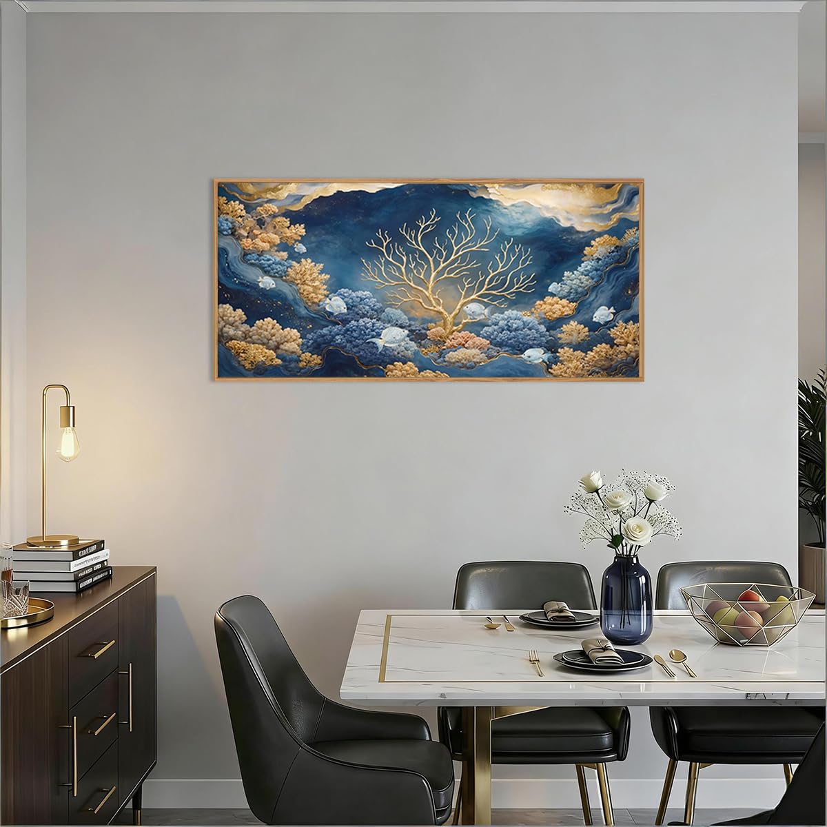 HPNIUB Blue Dreamy Underwater Framed Canvas Wall Art 40"x20"