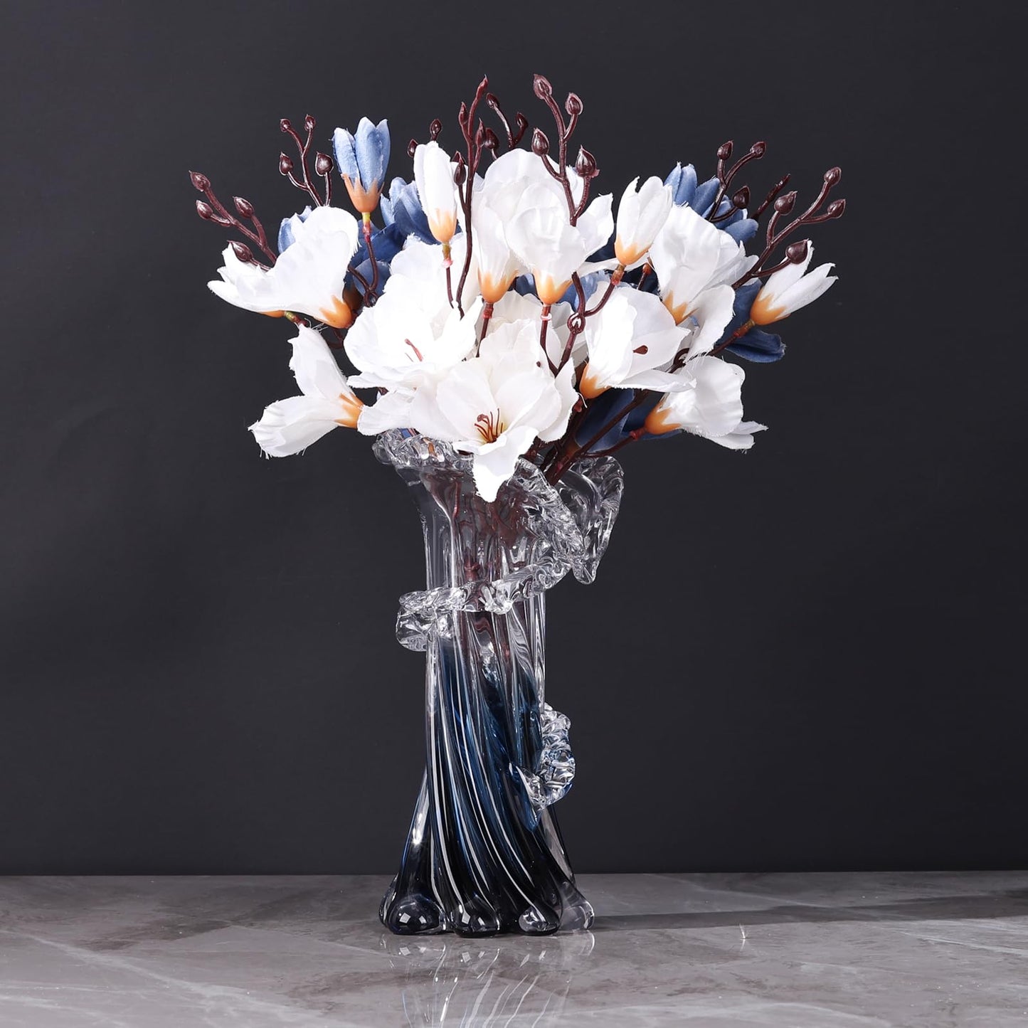 LINYTHER Blue White Clear Wave Vases Gradient, Murano Hand Blown Glass Vase Unique Art Decorative, for Ocean Themed Coastal Home Centerpiece Modern Office Entrance Table Creativity