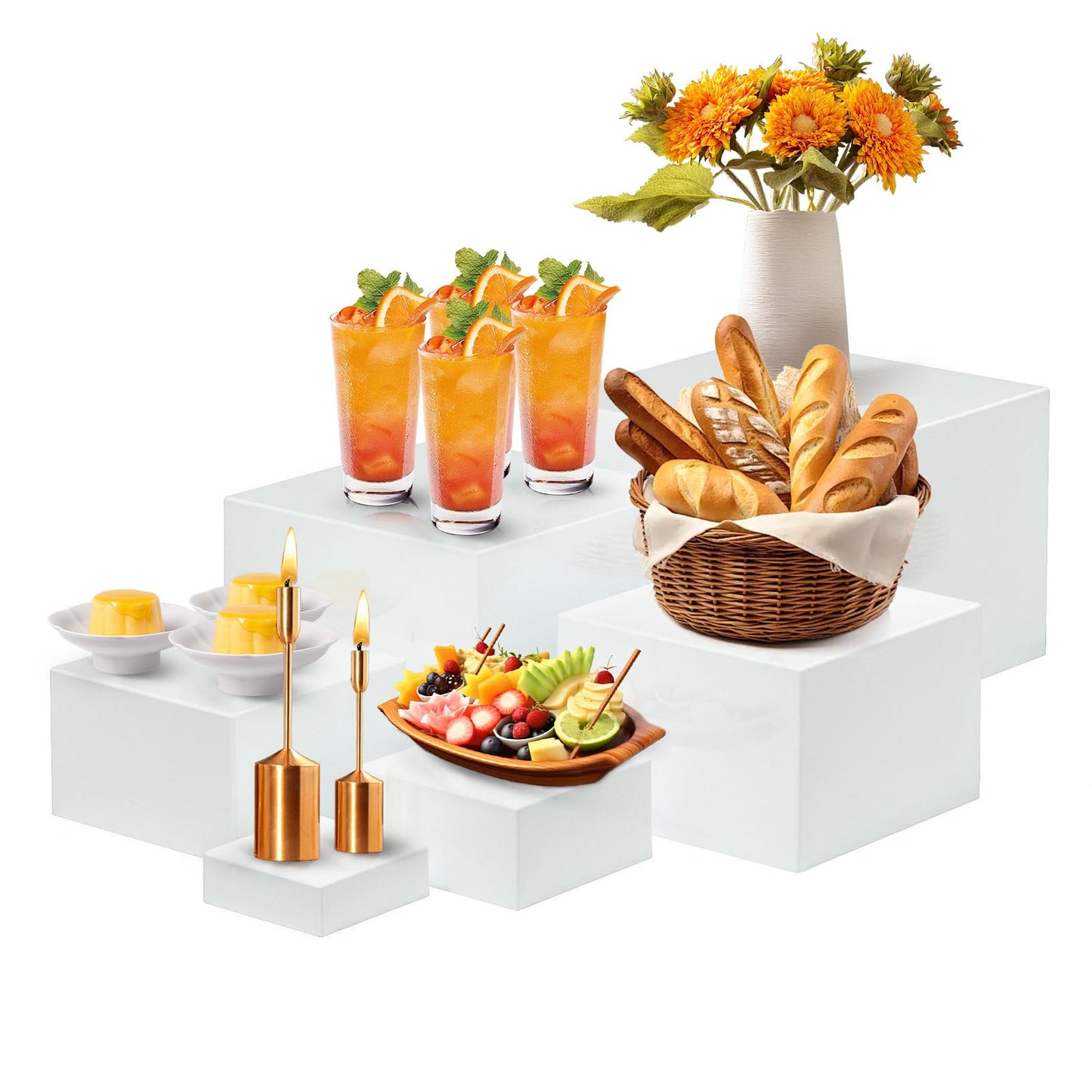 IBEQUEM Buffet Risers Set of 6, Acrylic Food Risers for Buffet Table, White Display Stand Set with Hollow Bottoms, Cube Boxes for Cake Catering Dessert Party (3",4",5", 6",7",8'') Christmas Gift