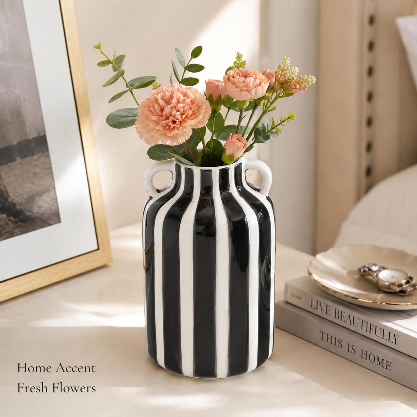 Blue and White Striped Ceramic Vase with Handles, Hand Painted Small Flower Vase for Tabletop Shelf Mantel Kitchen Counter Home Decor, Single Decorative Jar (Black)