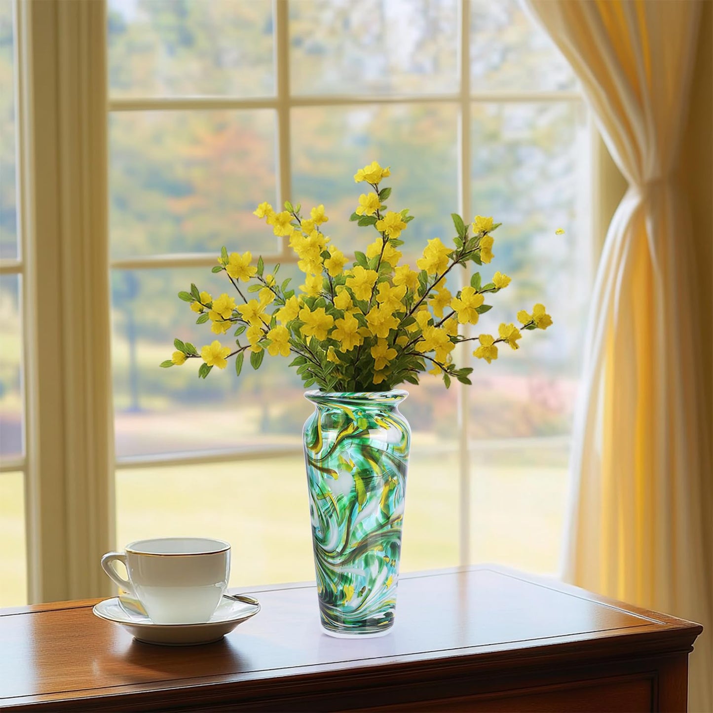 PlivBloom Green Hand Blown Glass Vase – Tall Speckled Decorative Centerpiece in Murano Style for Dining Table, Coffee Table, Mantel, Entryway, or Bookshelf in Coastal or Modern Decor (Green)