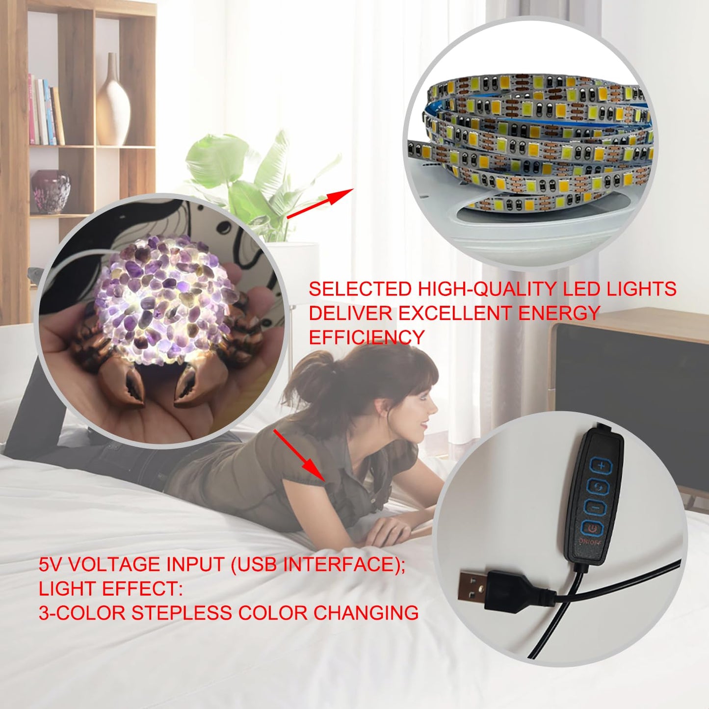 Youhot Handcrafted Amethyst Crystal Crab Table lamp, USB Powered, 3 Light Modes, Purple Shell Design, Healing Stone Decor for Home, Office (Amethyst)