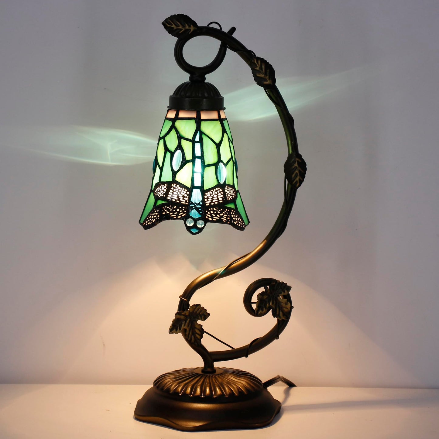 ANYONGLU Tiffany Lamp Stained Glass Desk Reading Bedside Light, Metal Leaf Table Lamp Base 5X6X17 Inches Decor Small Space Bedside Bedroom Home Office (Green Dragonfly Style)