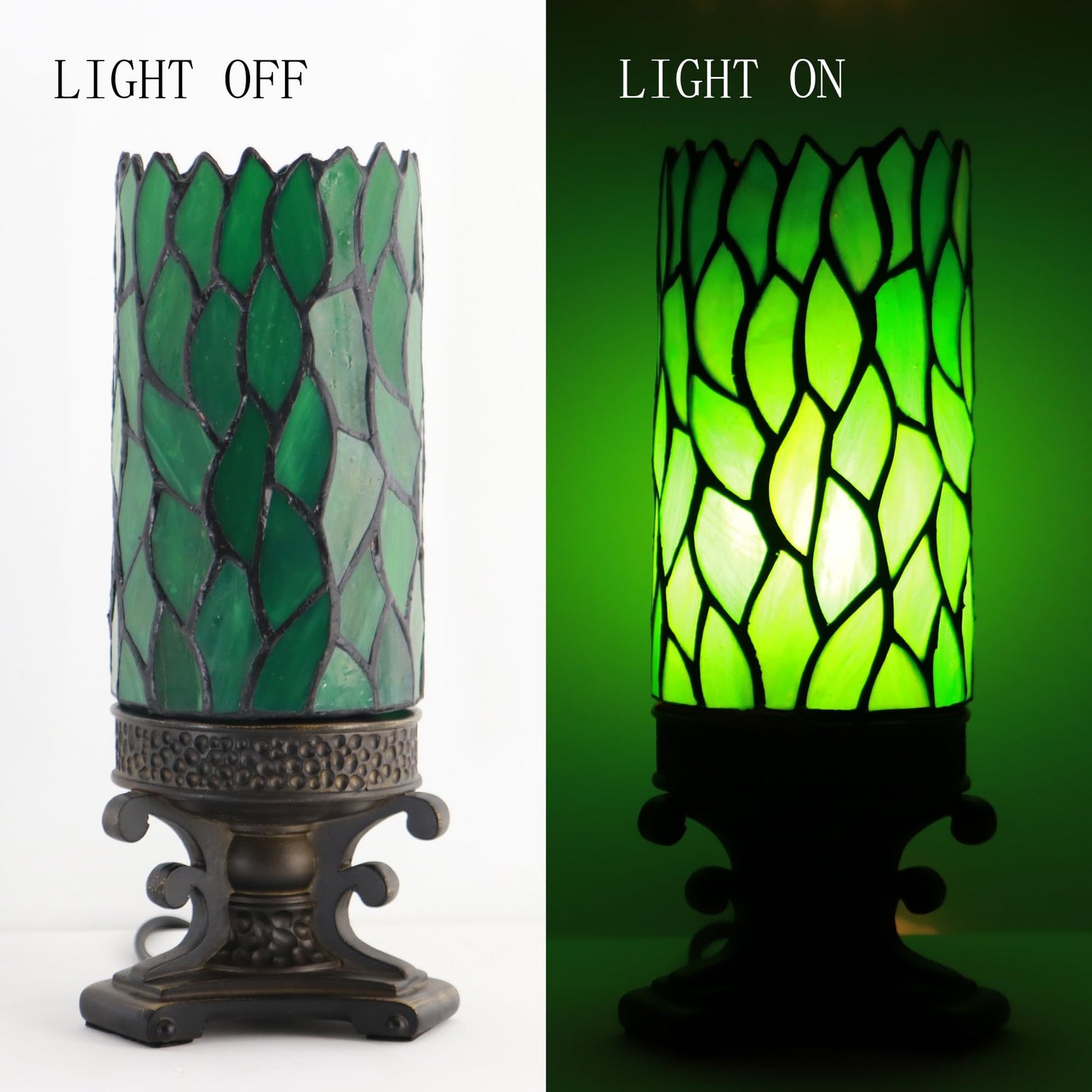 LXHCYOU Small Tiffany Stained Glass Table Lamp Mini Candle Desk Night Light with Bronze Resin Base 4" D x 4" W x 10.5" H Green Wisteria