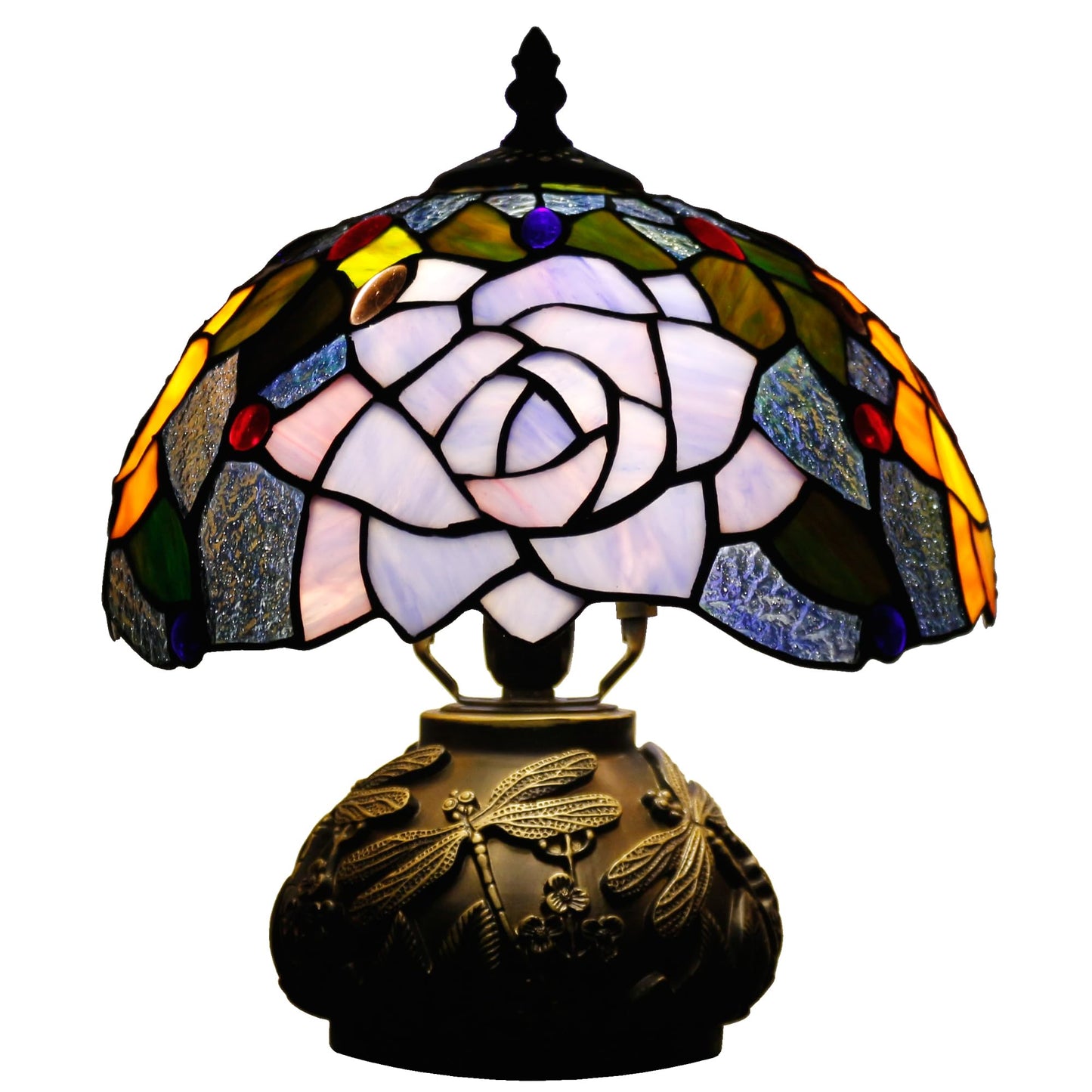 SYETL Small Tiffany Table Lamp Yellow Purple Rose Style Stained Glass Desk Lamp 10X11.5 Inch Mushroom Table Light for Office Home Living Room Bedroom