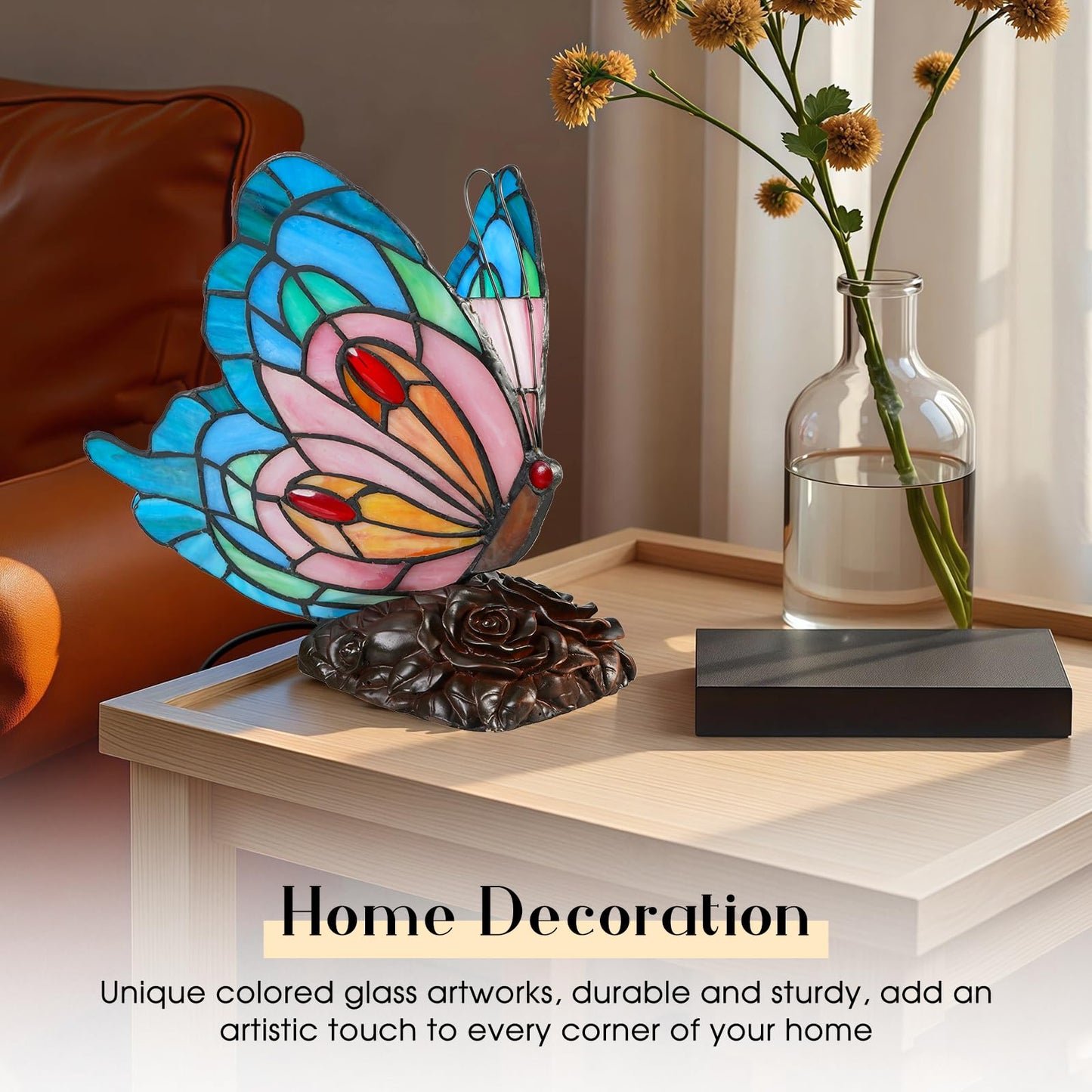 Yodimust Tiffany Style Blue Pink Butterfly Table Lamp