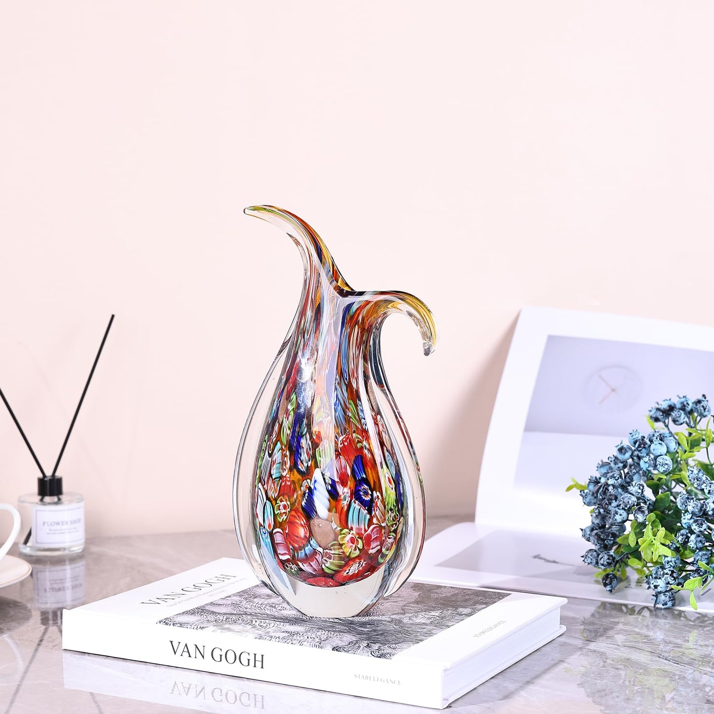 Hand Blown Glass Vase – Oval Decorative Art Glass for Centerpieces, Murano Inspired Decor for Dining Room, Entryway Table, or Shelf, Handmade Glass Vase for Home Display (Teal)