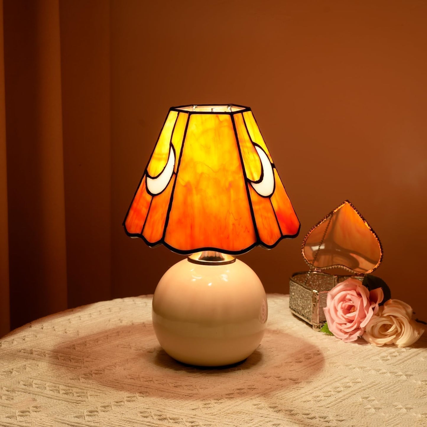 KIPHEPI Tiffany Style Moon Mushroom Stained Glass Table Lamp Orange Small Table Lamp Bedroom Bedside lamp Living Room Dining Room Office Decoration Desk lamp Home Decoration Creative Gift