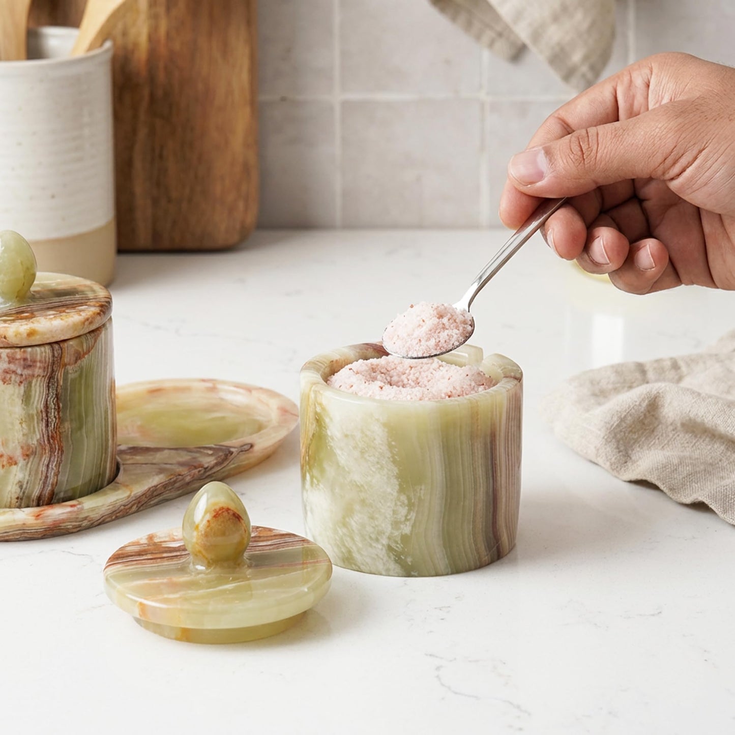 Marble Salt Cellar with Lid and tray 4 Inch Green Onyx Handmade Salt Container, Set of 2 Seasoning Jars, Spice Storage Containers for Kitchen Countertop, Sugar Bowl