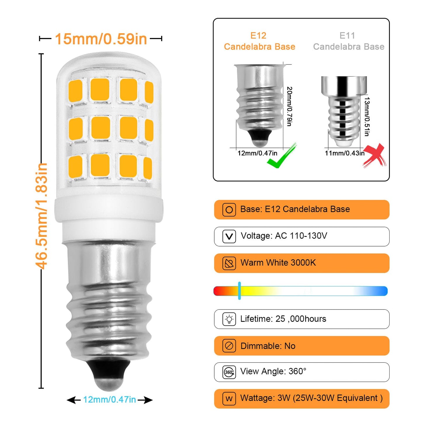 E12 LED Bulb 3W Small Bulb 25W 30W Chandelier Light Bulbs Equivalent Salt Lamp, Dimmable Warm White 3000K 120V E12 Edison Screw C7 Bulbs Decorative Night Lights Bulbs Mini Fridge Light, 6-Pack