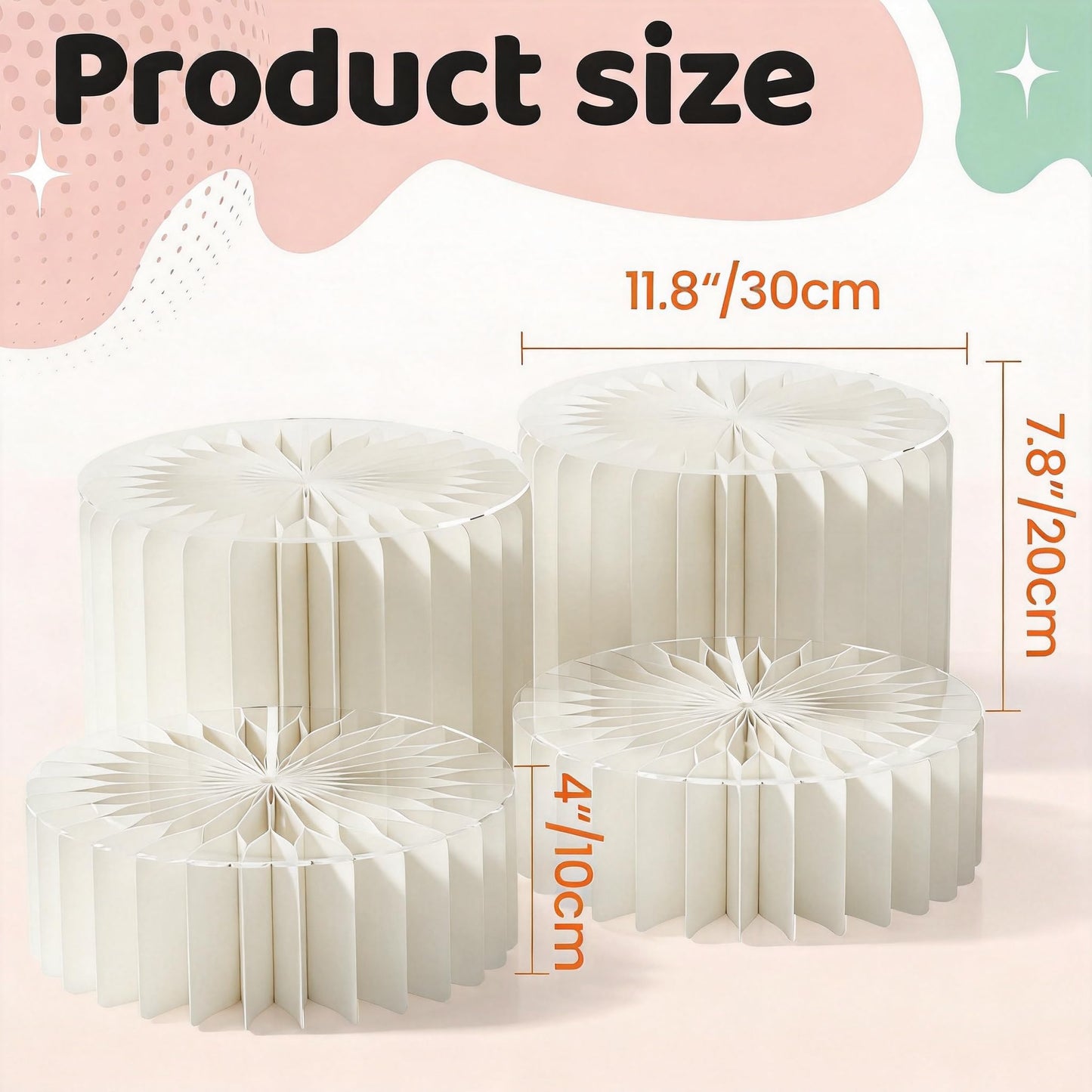 HeiMma 4 Pack Buffet Risers, FOLDABLE Accordion Food Display Risers for Dessert Table,Dessert Table Display Set, White Cardboard Cylinder Cake Cupcake Stands for Party, Multi-height, 12in Round