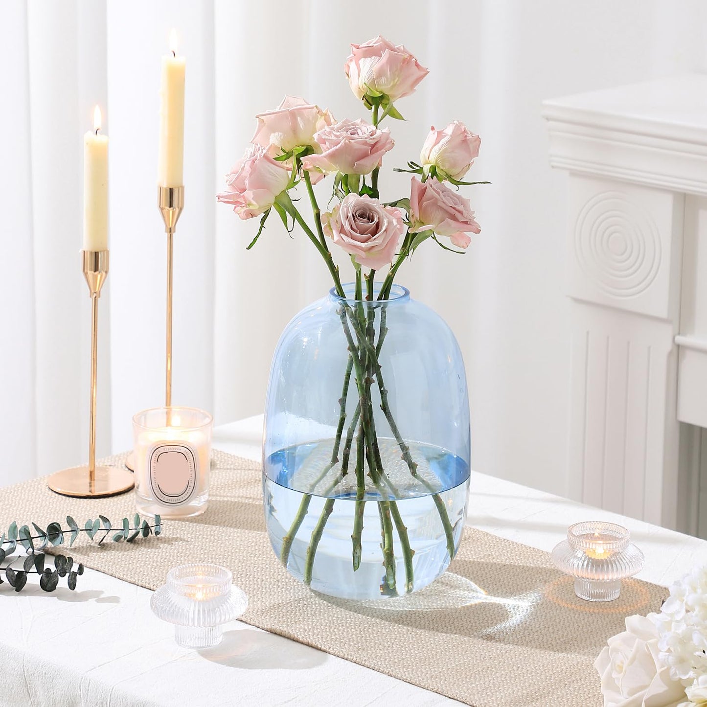YANWE1 Blue Glass Vase, Large Glass Vase for Flowers, Tall Flower Vases, Modern Round Vases for Living Room, Bedroom, Kitchen, Mantle, Shelf, Wedding, Office, Entryway, 10 Inches
