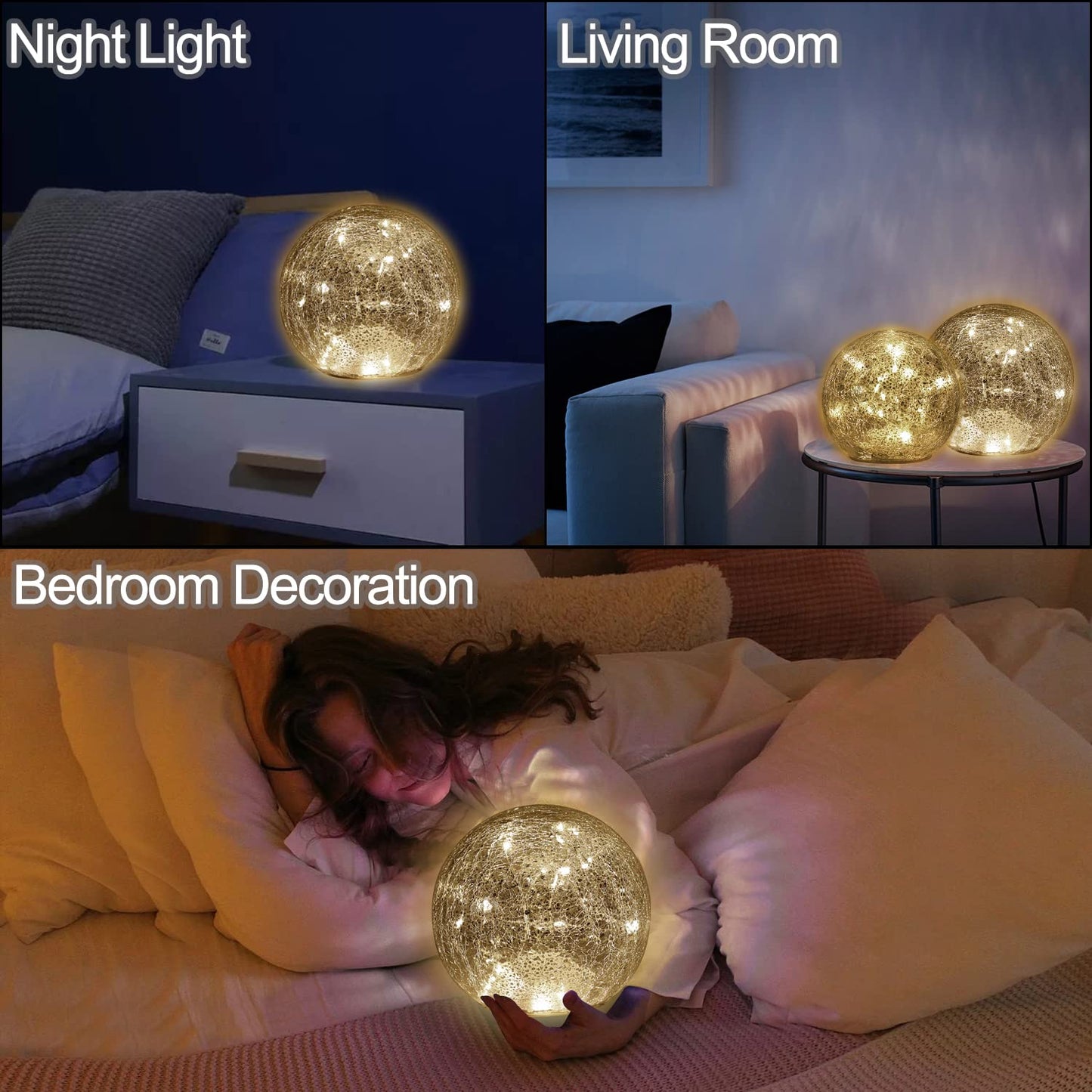 Mercury Crackle LED Glass Globe Ball Lamp, Battery Operated Night Light for Girls, Birthday, Halloween,Christmas - Decorative Gift for Home Warm White (No Timer)