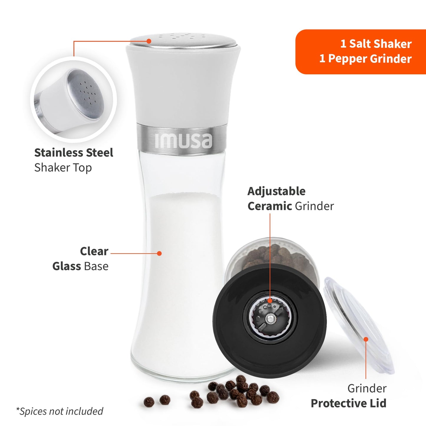 IMUSA Salt Shaker and Pepper Grinder Set – 2 Pack Glass Salt Shaker and Pepper Mill Set, Manual Adjustable Ceramic Core Pepper Grinder, 6 oz Capacity, Refillable Salt and Pepper Set for Kitchen