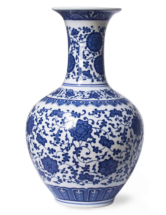 Dahlia Blue and White Vase, Handmade Chinese Porcelain Flower Vase, Lotus Motif, Chinese Bottle Shape 13.5 Inches