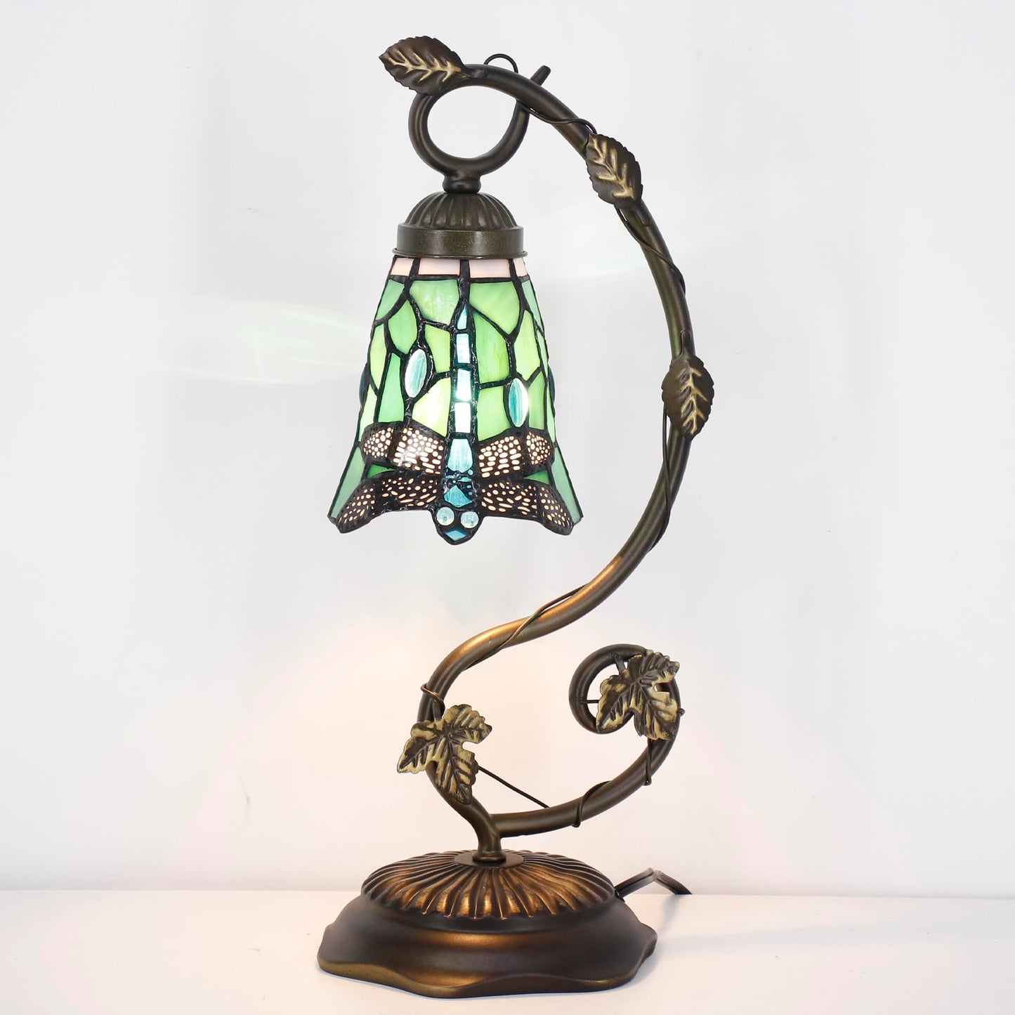 ANYONGLU Tiffany Lamp Stained Glass Desk Reading Bedside Light, Metal Leaf Table Lamp Base 5X6X17 Inches Decor Small Space Bedside Bedroom Home Office (Green Dragonfly Style)