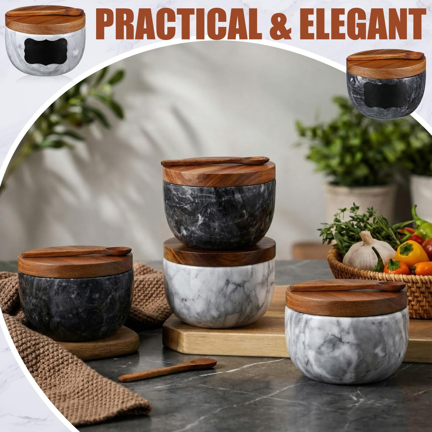 Teecyhooo Marble Salt Cellar Set of 4 with Lid and Spoon, Natural Marble Spice Container Bowls with Acacia Wood Lids for Pepper Sugar Seasoning Storage, Kitchen Counter Pinch Bowl Set