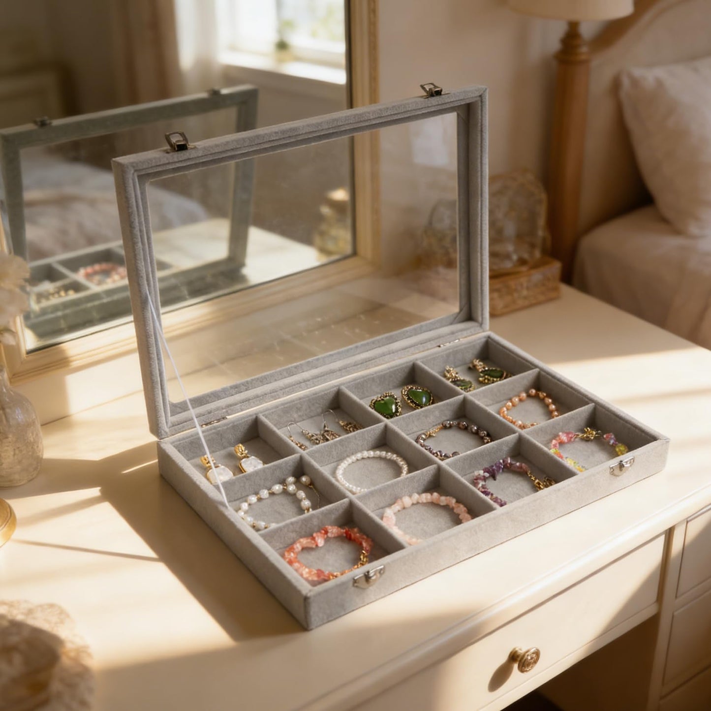 Wudygirl 12 Grid Jewelry Organizer Velvet Jewelry Tray with Clear Lid Jewelry Box Bracelet Holder Display Case Storage Bracelets Rings Earrings Organizer (12 Grid)