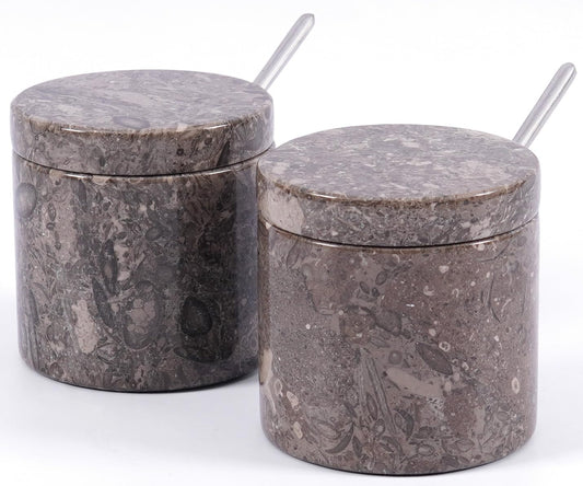 SPESHSTONES Marble Salt Cellar Set of 2 Handmade Stone Salt and Pepper Containers with Lid and Spoon - Marble Salt Box & Spice Jars, Sugar Bowl, 5.2 Oz Salt Holder for Countertop and Table