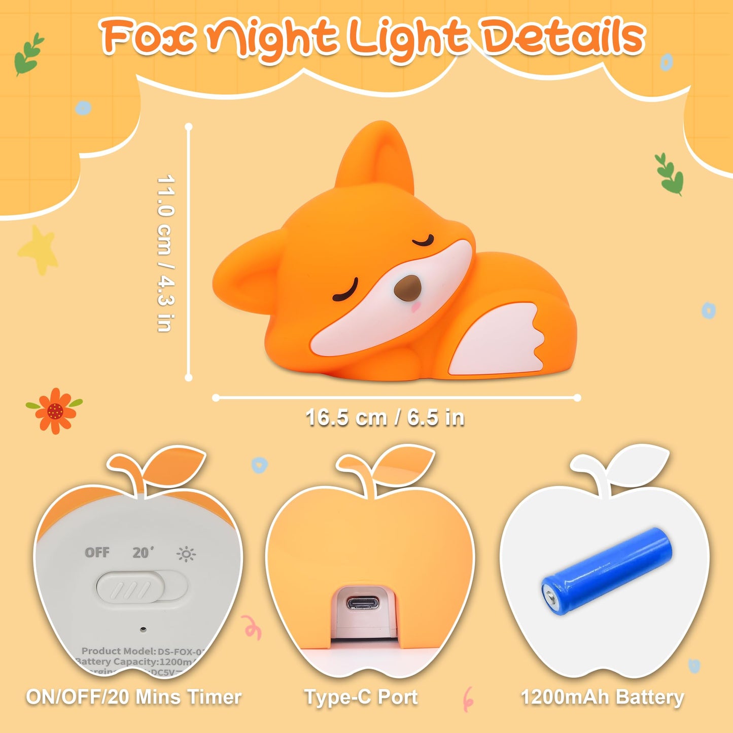 Okayera Fox Night Light for Kids, Rechargeable Squishy Silicone Fox Lamp with Dimmable Timer, Nursery Breastfeeding Toddler Bedside Decor, Birthday White Elephant Novelty Gift for Baby Girl Boy Friend