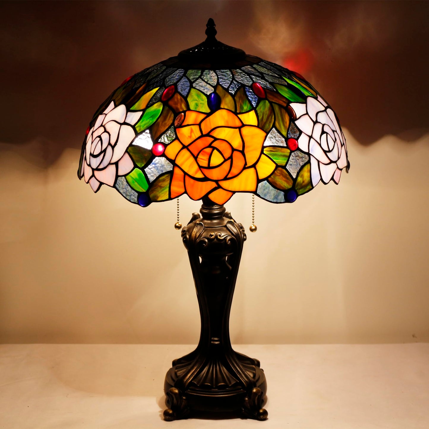 ANYONGLU Tiffany Lamp(2 Lights) Stained Glass Table Lamp Bedside Desk Reading Light 16X16X24 Inch Decor Bedroom Living Room Home Office (Purple Orange Rose)