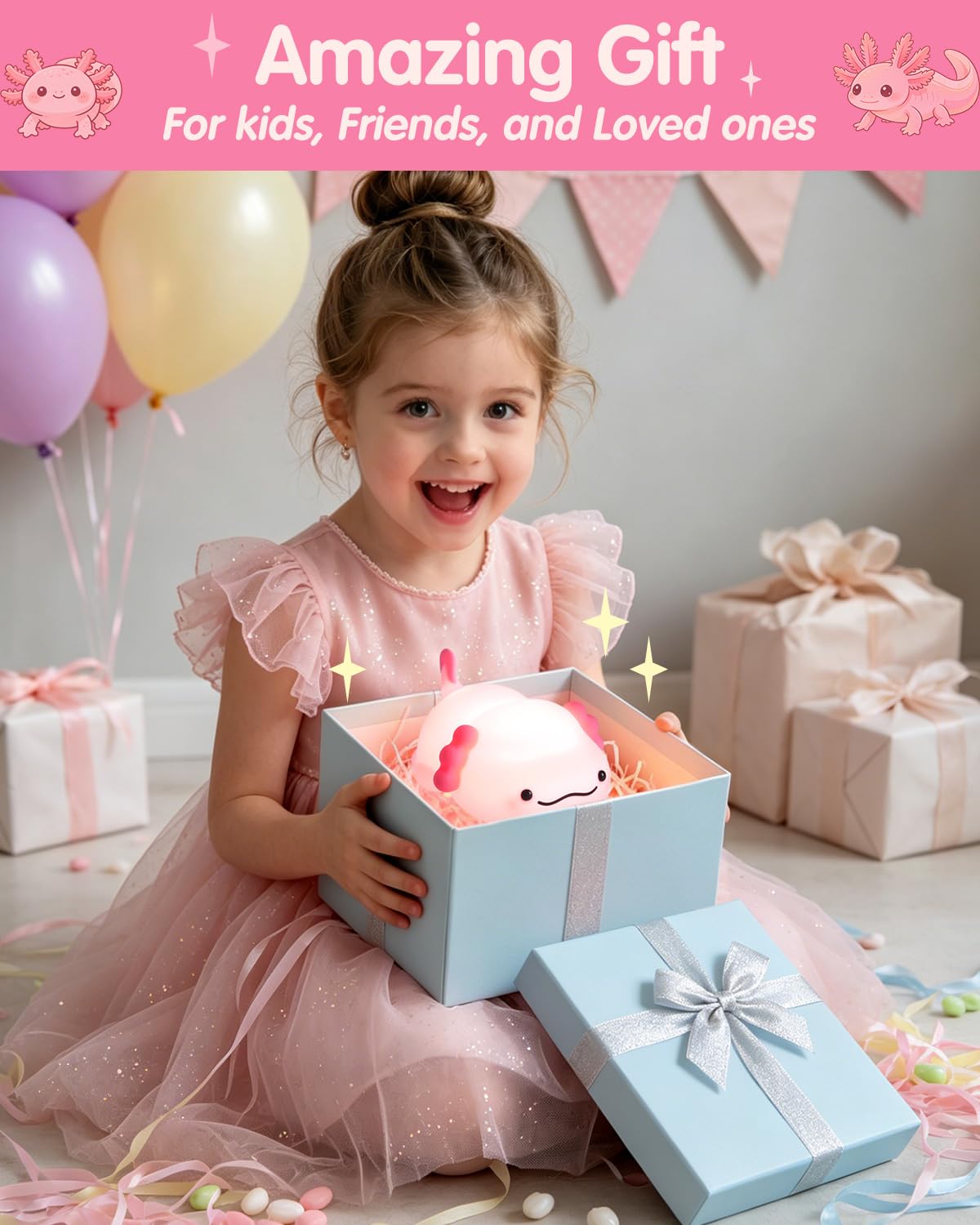 Fuloon Pink Axolotl Night Light, Squishy Silicone Kids Lamp, Safe & Soothing Touch Control for Kids and Babies, USB-C Rechargeable, 30-Min Auto Timer, Gift Idea (Pink Axolotl)