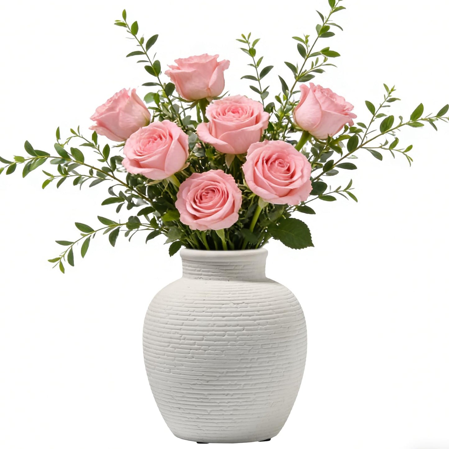 QeemTaco 6-Inch Modern White Ceramic Vase, Rustic Ribbed Flower Vase with Waterproof Interior, Small Boho Decorative Vase for Fresh or Dried Flowers, Home Decor, Coffee Table, Mantle