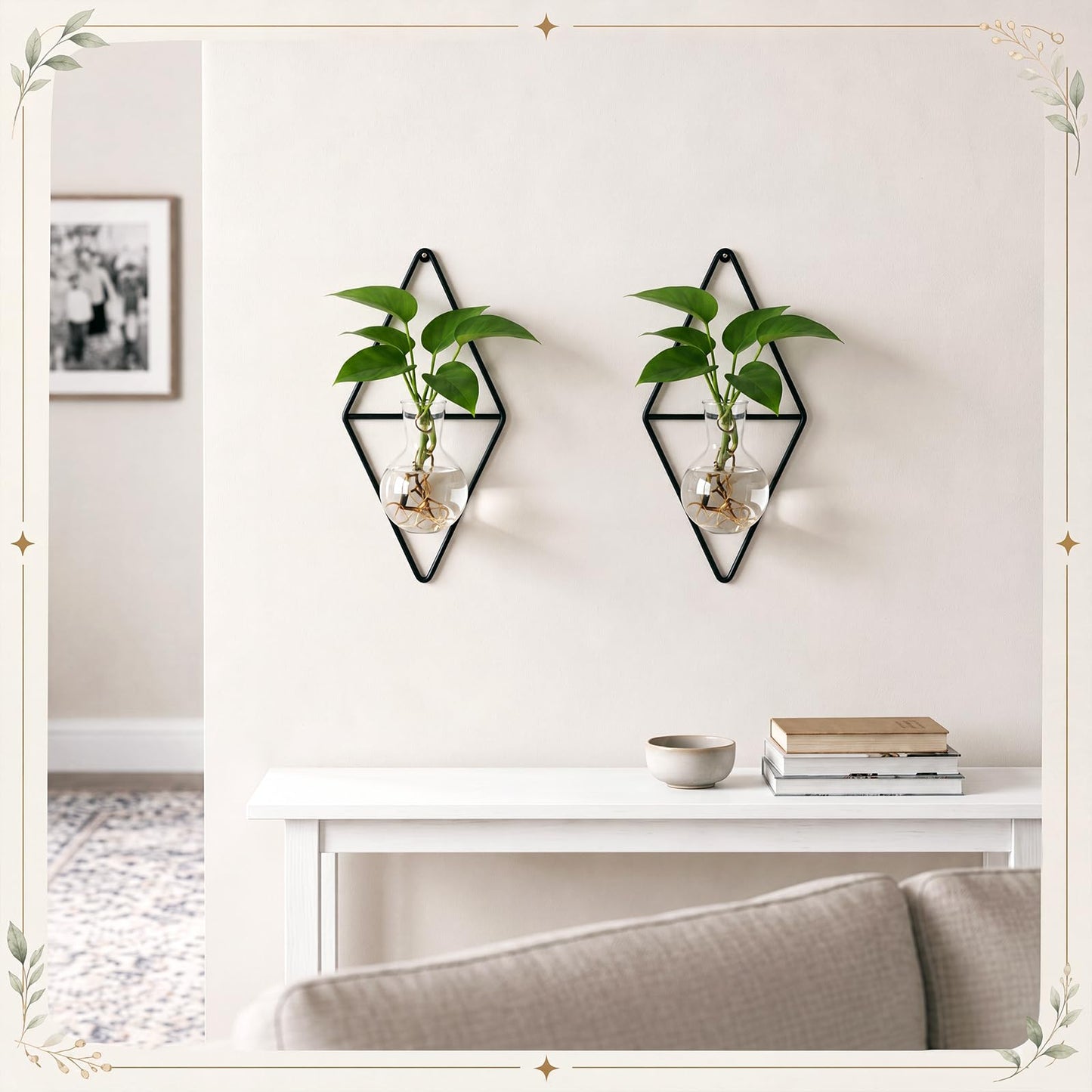 Ferrochef 2 Pack Wall Hanging Glass Vase with Metal Frame, Wall Mounted Plant Propagation Station, Diamond Shape Hydroponic Glass Planters with Iron Holder and Screws for Indoor Decor (Black)