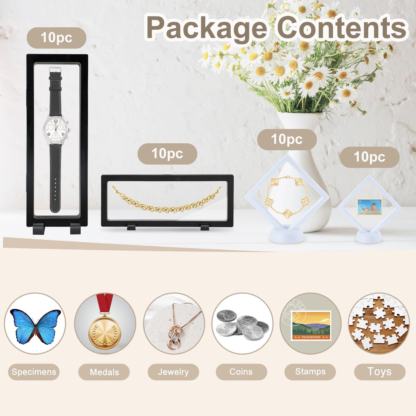 QLFJ-FurDec 40 PCS Floating Display Case, 3D Challenge Coin Display Holder Frames with Stands, Transparent PE Jewelry Storage Box for Butterfly, Medallion, Shells, Gems, Pins, Specimen (Black)