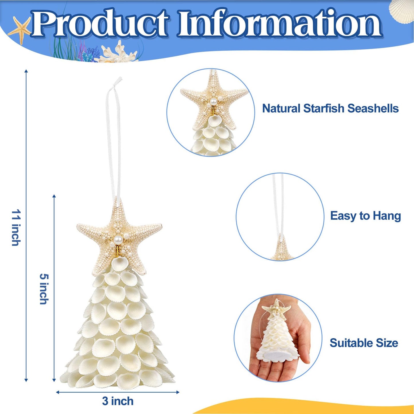 Small Seashells Christmas Tree Ornament - Handmade Natural White Sea Shells Ornament, Beach Christmas Tree for Beach Coastal Home Xmas Decor, Party Birthday Gift, Small Figurines Christmas Tree