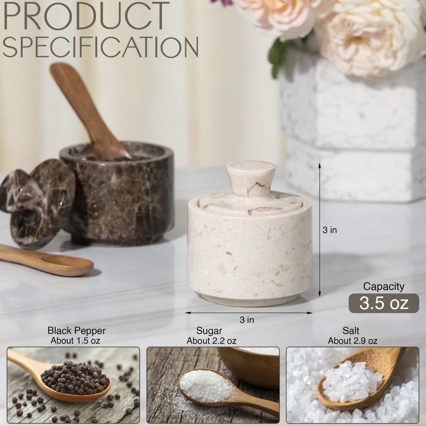 Beige Marble Salt Cellar with Lid (3.5oz) - Scratch-resistant & Easy-to-Clean Salt Containers for Countertop - Elegant & Versatile Marble Jar to Store Salt, Sugar & Dry Spices - Compact Salt Dispenser