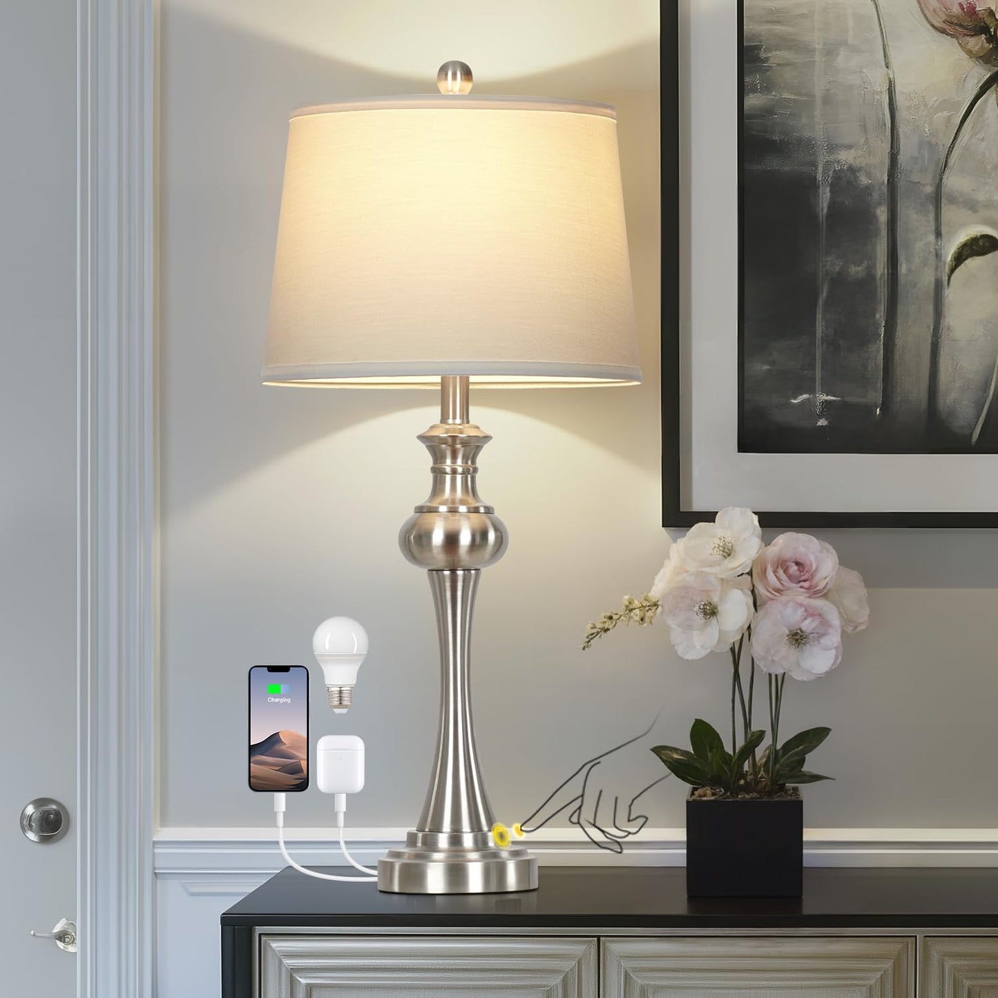 28.75" Silver Table Lamps for Living Room,Touch Lamps for Bedrooms Bedside Lamp 3-Way Dimmable Touch Control, Modern Silver Nightstand Lamp Fabric Shade Mid Century Accent Style（Bulb Inclued）