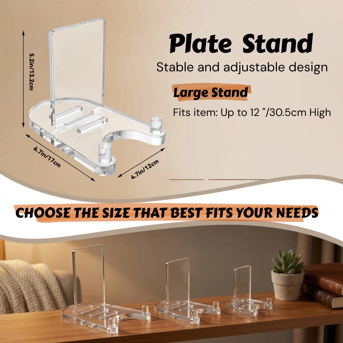 milldou Acrylic Easel Display，Plate Stand for Display，Adjustable Clear Display Holder for 8" to 12" Platter, Book, Card, Frame, Picture, Artwork, Plaque ( Large-1pc 8"-12")