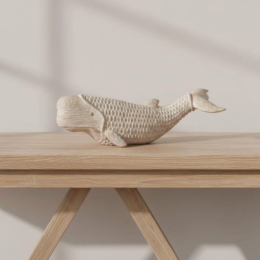 Elegant Whale Figurine for Home Decor - Coastal Chic Sculpture for Bathroom, Office, Room and Living Room Accent -Modern Seaside Ornaments for Shelf or Coffee Table Display - 5", White & Tan