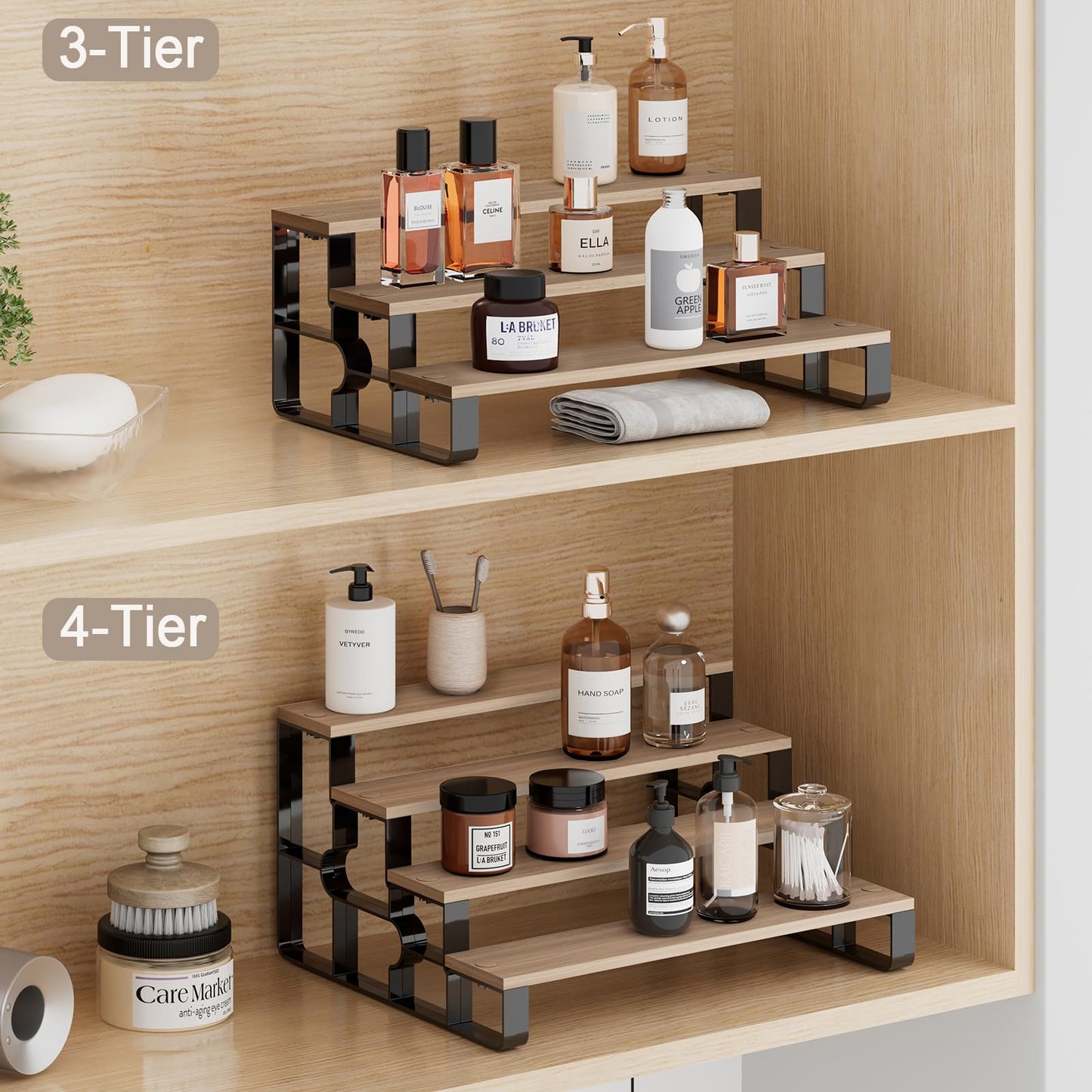 USHARP 4 Tier Cologne Organizer for Men, Wooden Perfume Organizer Stand, Waterproof Display Shelf Rack for Dresser, Vanity, Figures, Cupcake, Dessert Table(Walnut,Width=11.2")