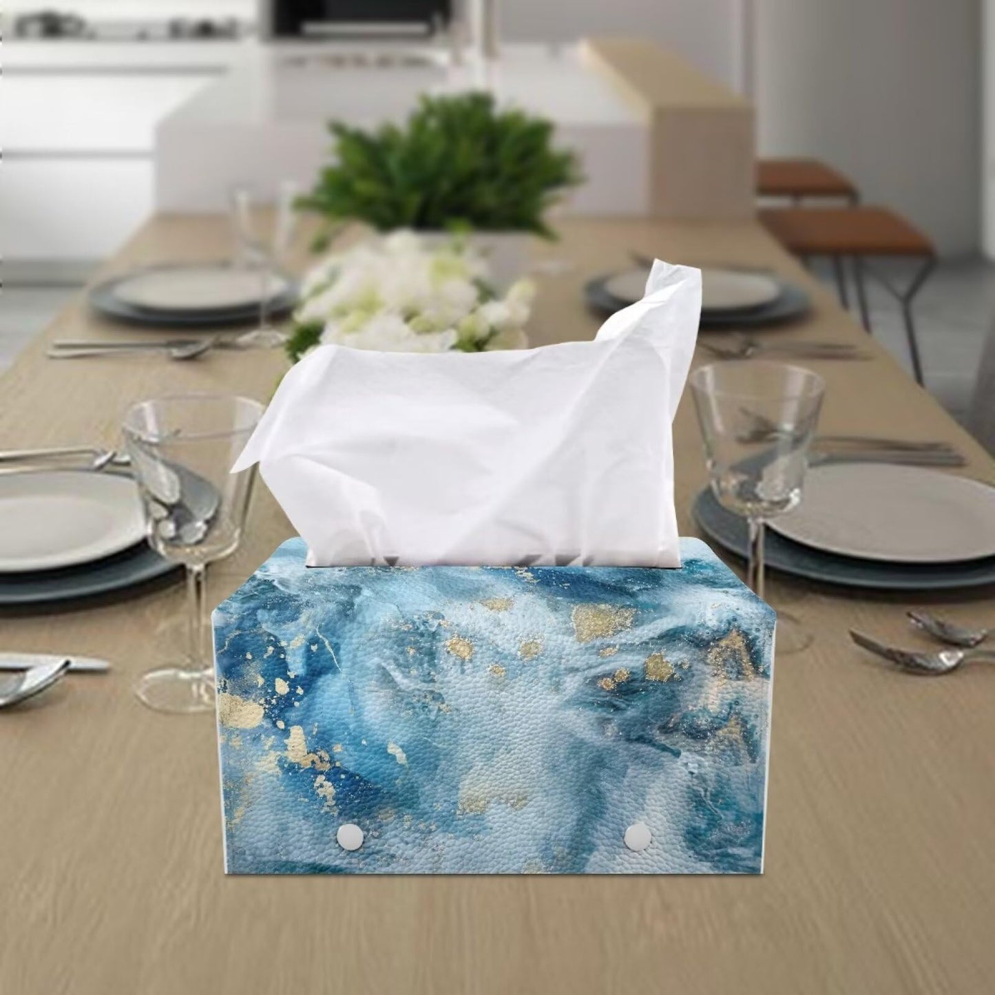 ZDCUSTOM Blue Marble Modern Rectangular Tissue Box Holder with Storage, PU Leather, Waterproof, Easy to Clean and Refill