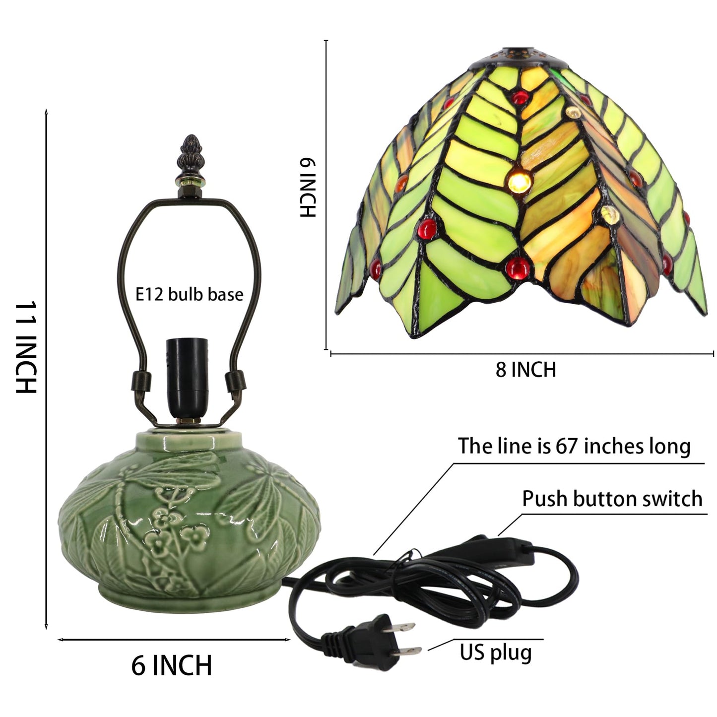 LXHCYOU Small Tiffany Lamp Mushroom Table Lamp, Mini Stained Glass Desk Light Memory Sympathy Ceramic lamp 8X11 Inch (Brown Green Leaf)