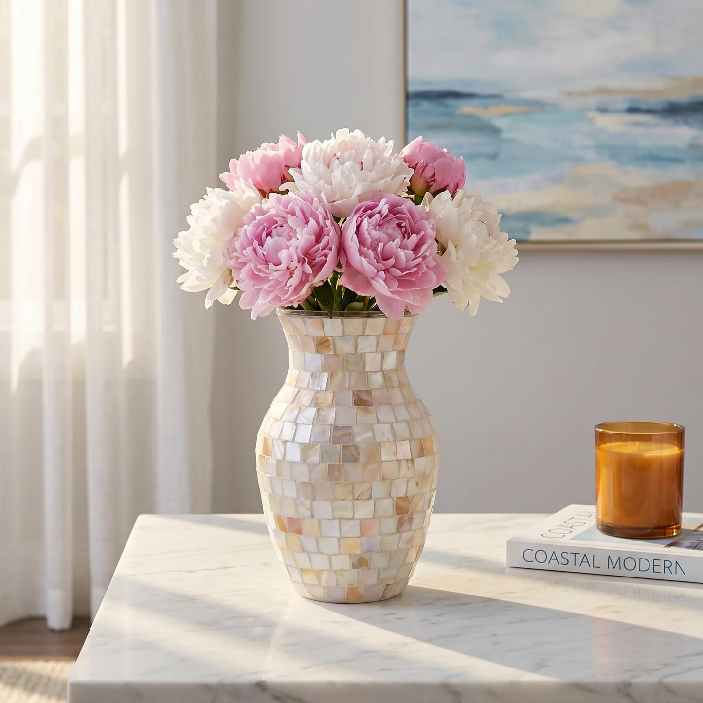 ZHIPINHUI 8" Natural Shell Mosaic Vase, Handmade Pearlescent Glass Flower Vase, Iridescent White Decorative Centerpiece for Bedroom, Bathroom, Coastal Home Decor & Wedding