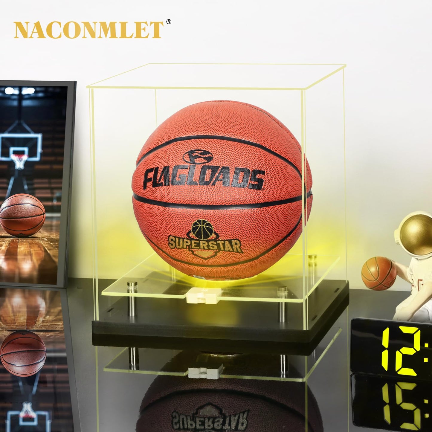 Naconmlet Clear Acrylic Basketball Display Case with LED Light - Fits Official Size 7 Autographed Ball, UV Protected Double Layer Showcase Stand Holder for Fans & Sports Collectibles