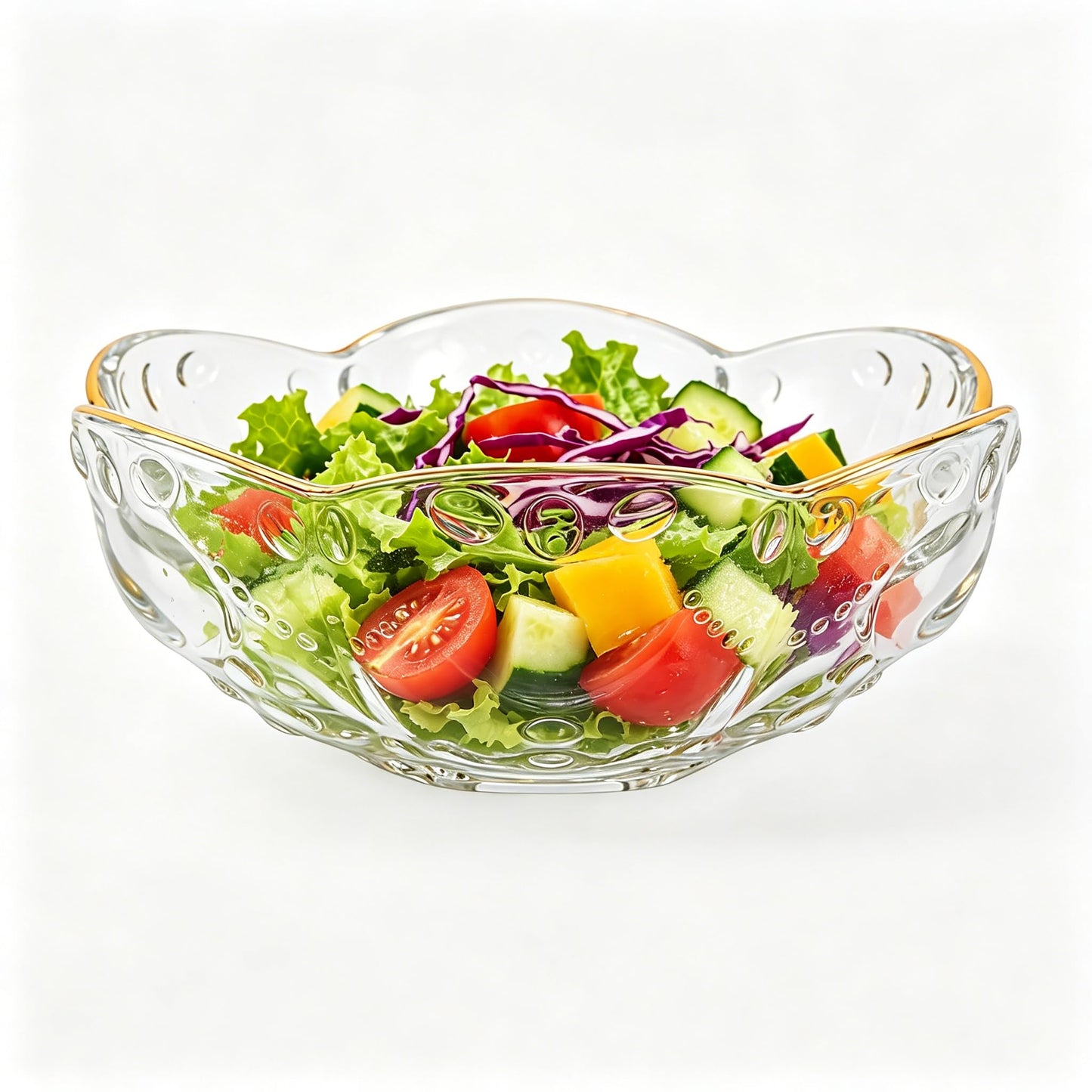 Toyvian Glass Salad Bowl with Gold Rim, 6inch Flower Shaped Decorative Serving Bowl for Dessert Fruit Popcorn and Snack Elegant Clear Glass Kitchen Tableware for Home Dining Parties