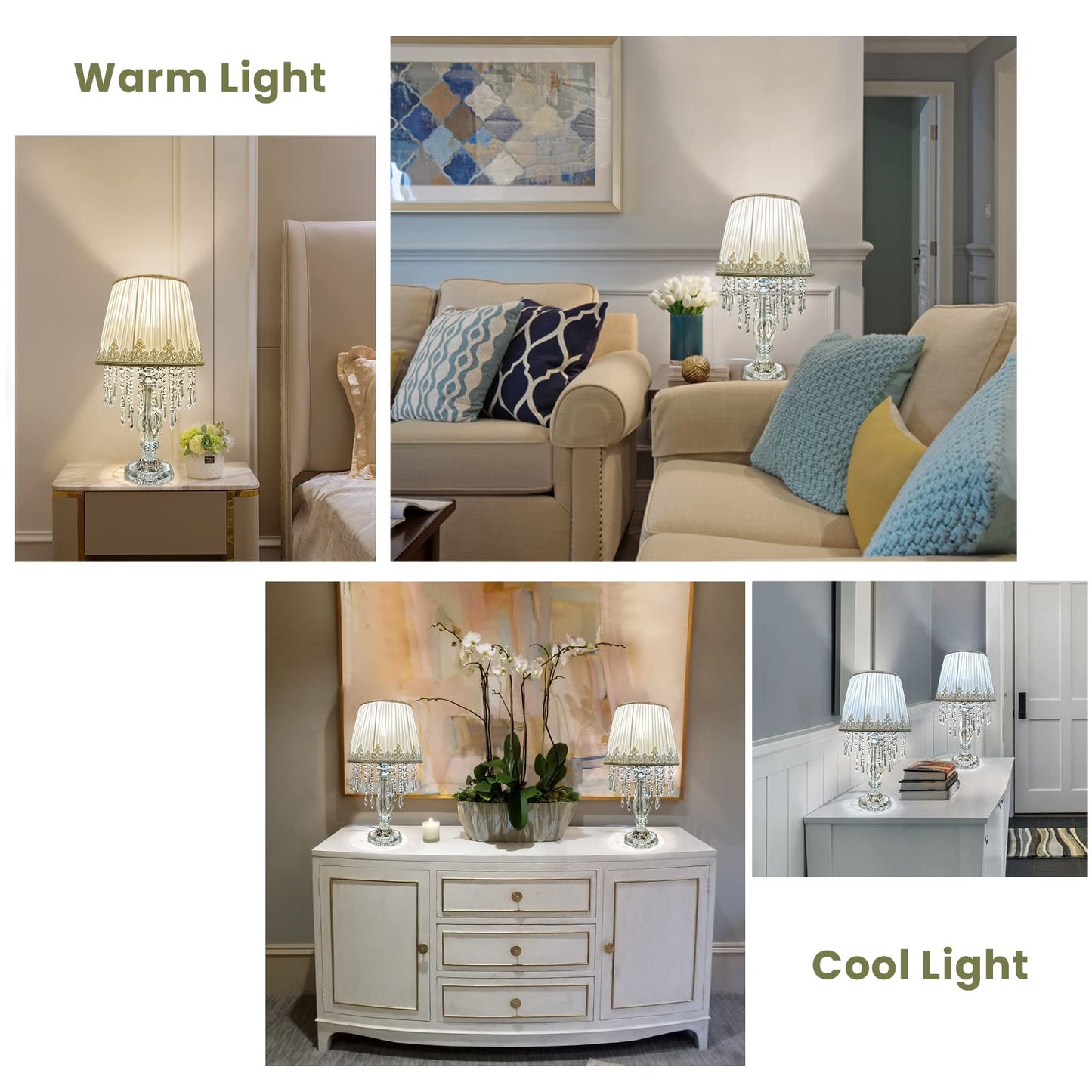 Siljoy Crystal Table Lamp Set of 2, Dimmable Bedside Lamp with Fabric Shades, Farmhouse Nightstand Lamps with K9 Crystal Strands for Living Room Bedroom 22.8 High